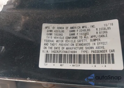 2017 Honda Accord Lx z USA, uszkodzony, nr VIN 1HGCR2F37HA074894